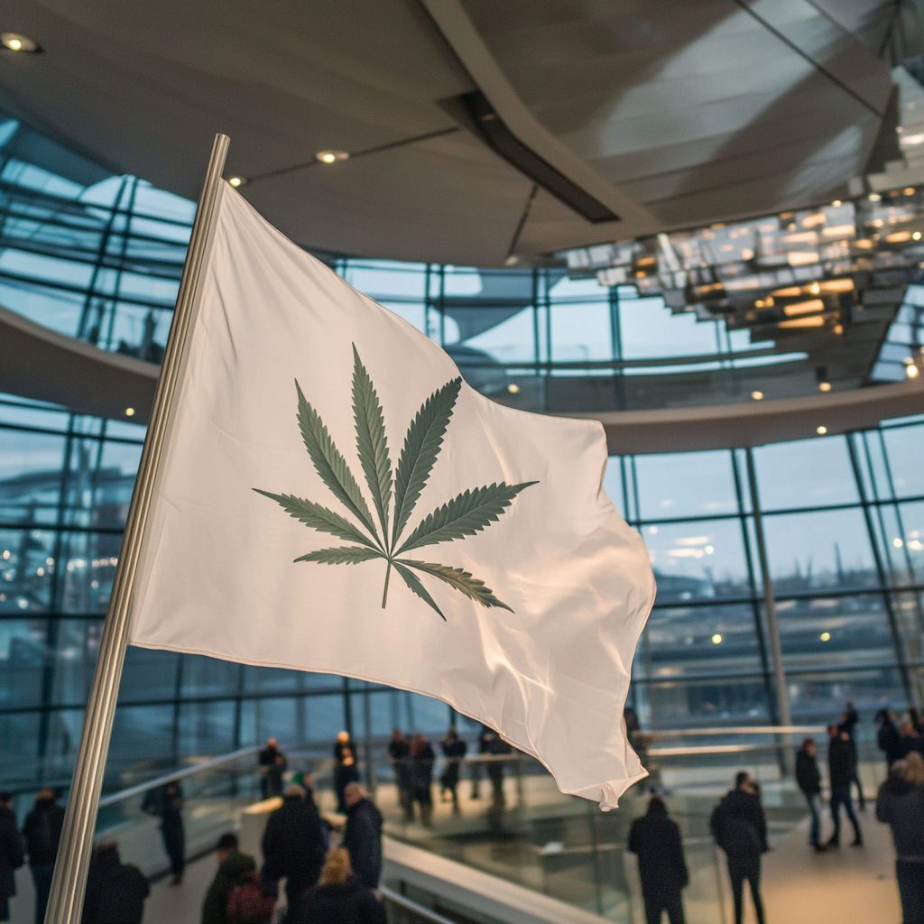 white cannabis flag waving inside of bundestag (symbol image)